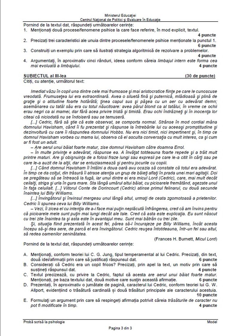 Subiecte Psihologie BAC 2022
