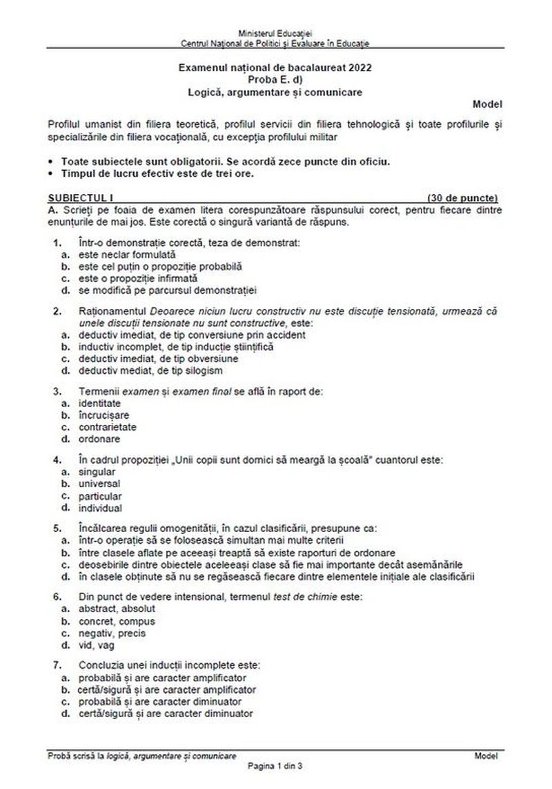 Subiecte Logică BAC 2022