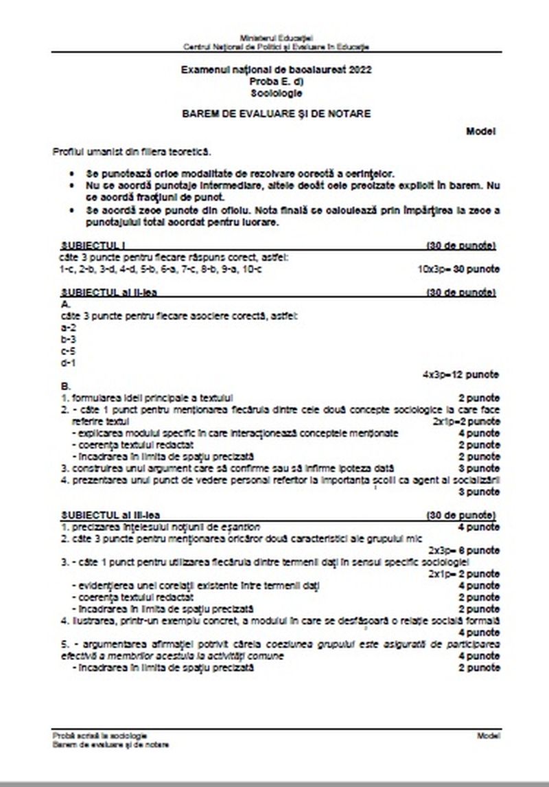 Subiecte Sociologie BAC 2022: barem de corectare