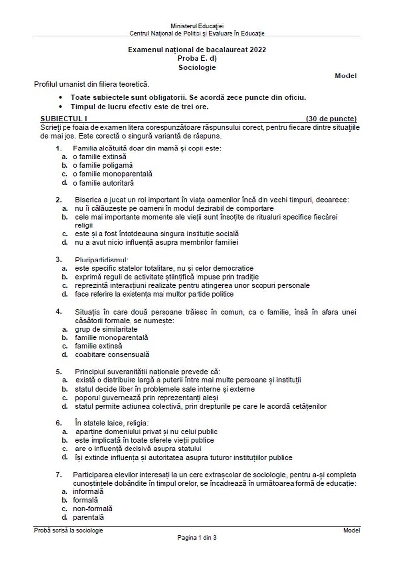 Subiecte Sociologie BAC 2022