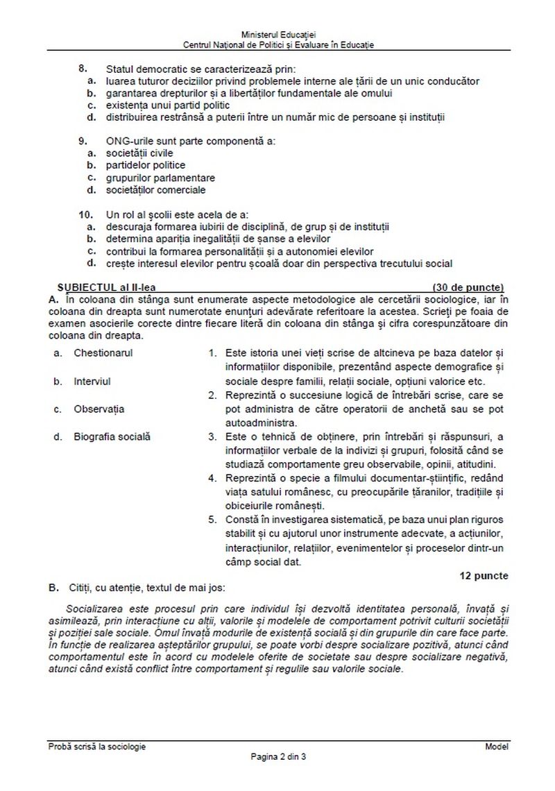 Subiecte Sociologie BAC 2022