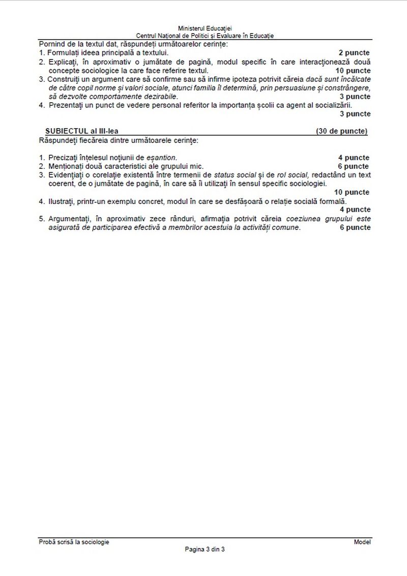 Subiecte Sociologie BAC 2022