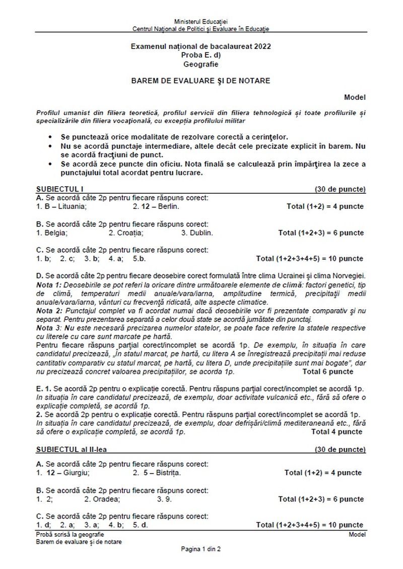 Barem Geografie BAC 2022