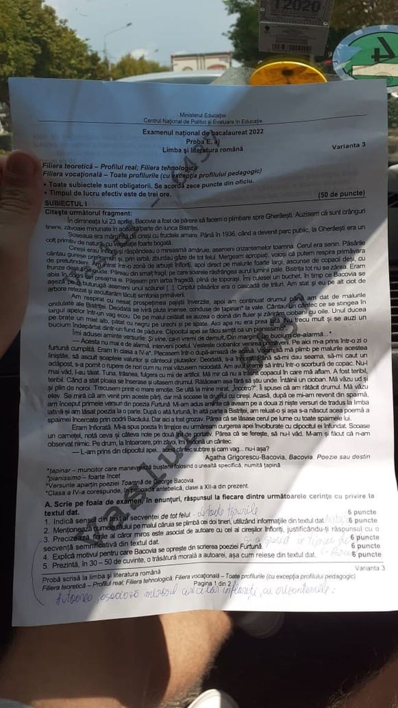 BAC 2022 sesiunea de toamnă română