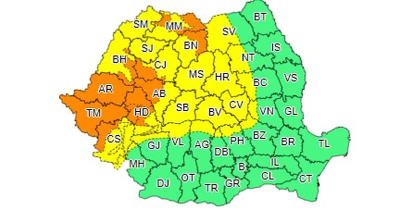Cod galben şi portocaliu de vreme severă până vineri seară / Precipitaţiile pot ajunge la 70 de litri pe metru pătrat, iar vântul va depăşi 100 kilometri pe oră