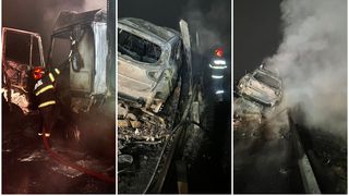 Un camion încărcat cu 8 autoturisme a luat foc pe autostrada A1