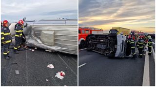 Plan roșu de intervenție, după ce un microbuz cu 11 pasageri s-a răsturnat pe A1