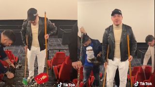 VIDEO - „Să faceți curat la fel ca noi” Bogdan de la Ploiești s-a „înarmat” cu mătură și făraș și a curățat dezastrul lăsat în sala de cinema, după terminarea filmului în care joacă