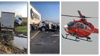 Accident grav în Timiş: mașină spulberată de două TIR-uri. A fost chemat elicopterul SMURD