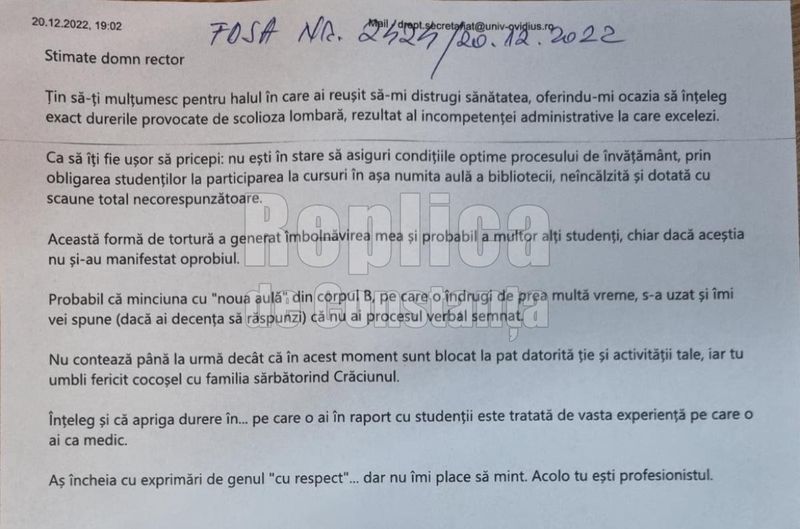 Scrisoarea revoltătoare a unui student din Constanța, pentru rectorul Universității Ovidius: „Țin să-ți mulțumesc pentru halul în care ai reușit să-mi distrugi sănătatea!”