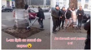 Imagini incredibile în Chișinău! Mai mulți tineri și-au legat un prieten cu scoci de copac pentru a ajunge virali pe rețelele de socializare