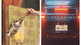 VIDEO Preot filmat când sfinţeşte o mașină de lux şi dă cu mir pe motorul acesteia 