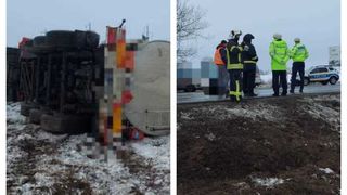 Pericol de explozie &icirc;n Slobozia: o cisternă &icirc;ncărcată cu combustibil s-a răsturnat. Trei persoane au fost rănite