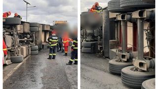 Accident rutier în Suceava: un autotren s-a răsturnat în afara părții carosabile 