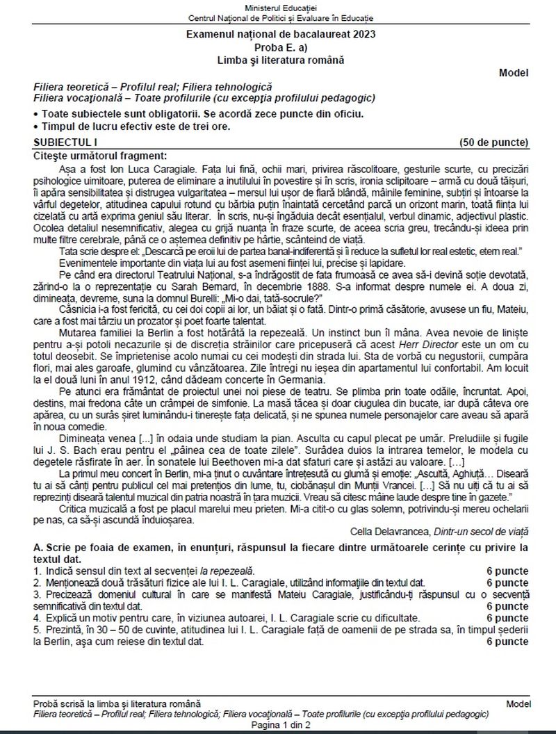 Simulare BAC 2023 subiecte Română. 