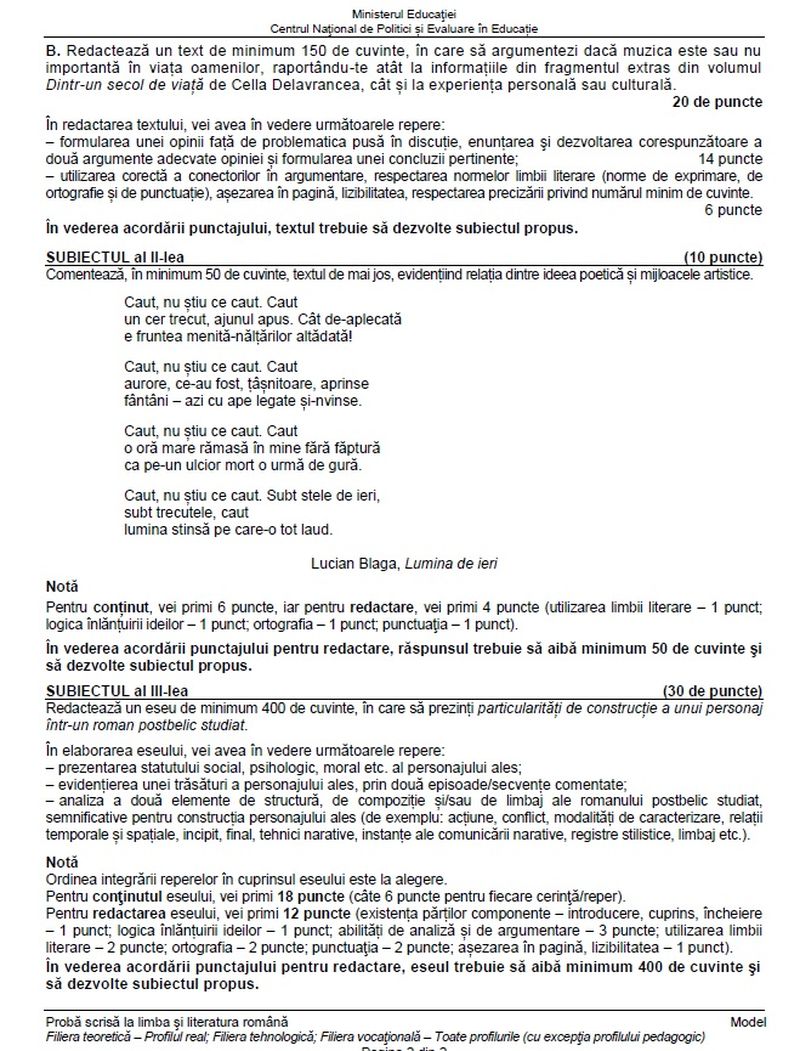 Simulare BAC 2023 subiecte Română. 