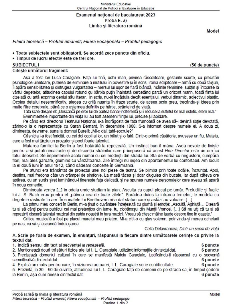 Simulare BAC 2023 subiecte Română. 