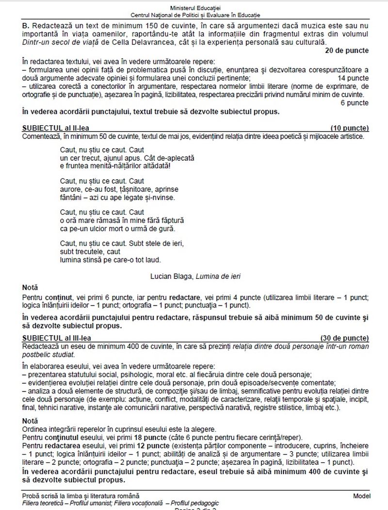 Simulare BAC 2023 subiecte Română. 