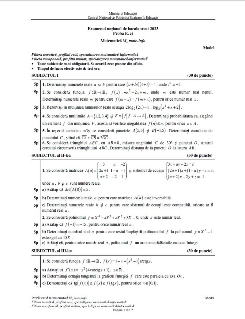 Simulare BAC 2023 subiecte Matematică.