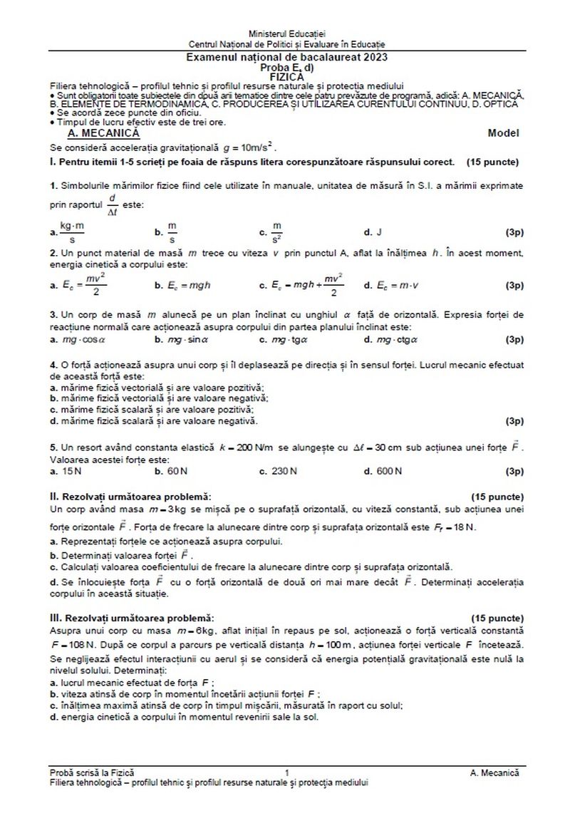 Simulare BAC 2023 subiecte Fizică.
