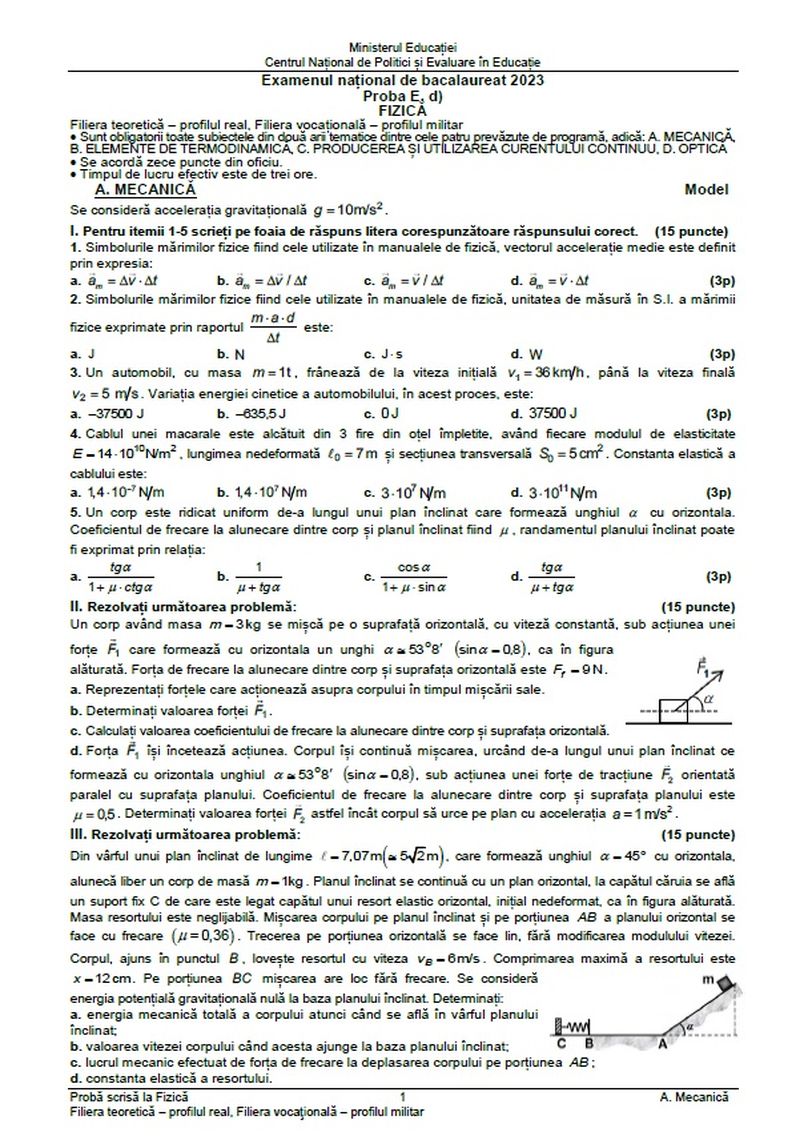 Simulare BAC 2023 subiecte Fizică.