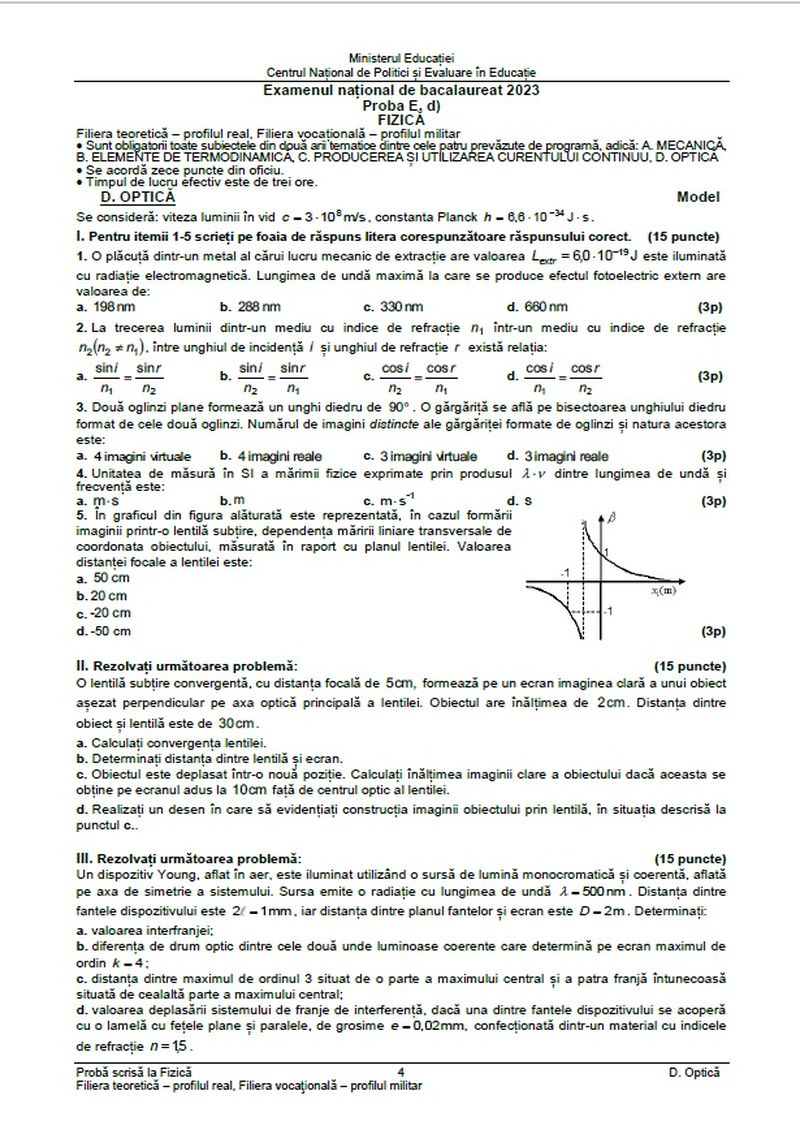 Simulare BAC 2023 subiecte Fizică.