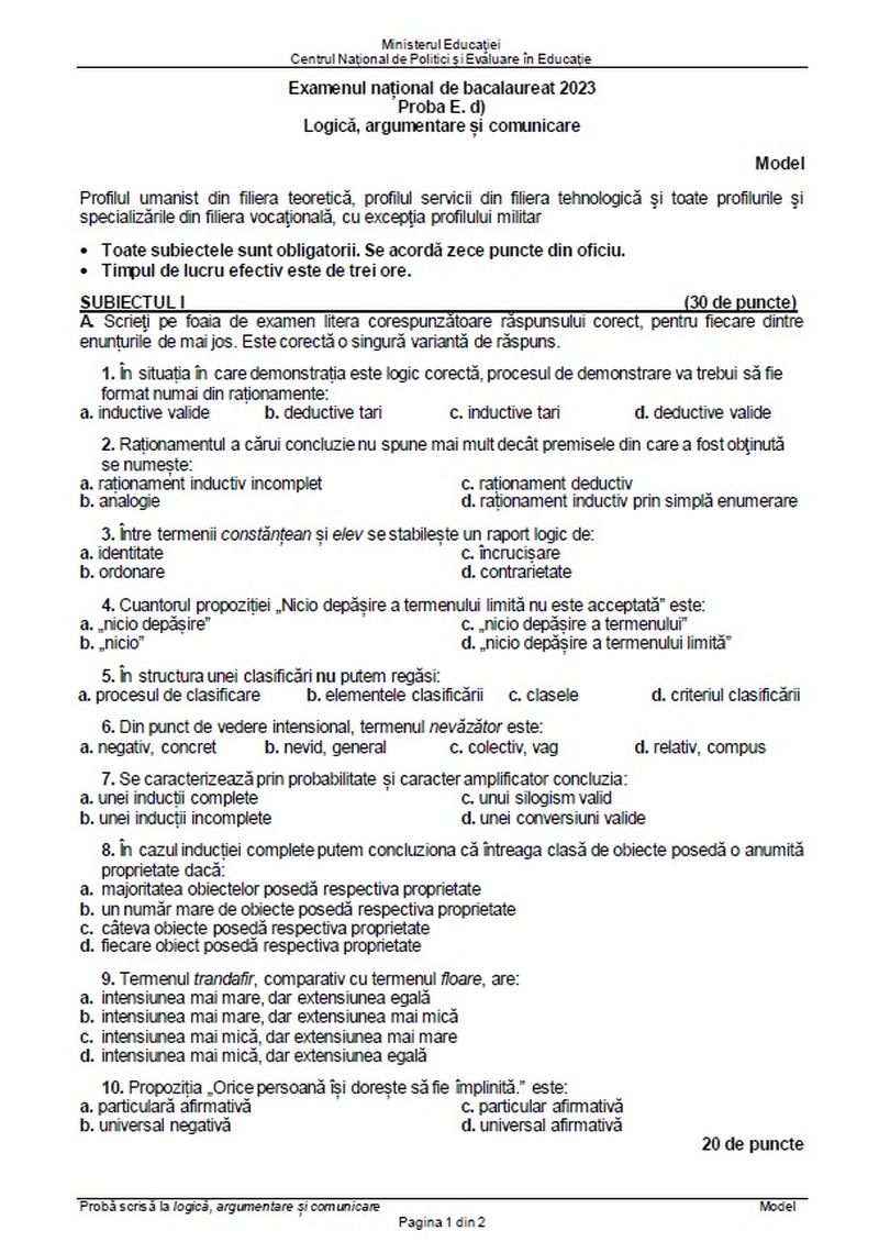 Simulare BAC 2023 subiecte Logică.