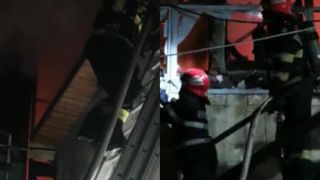 VIDEO- Incendiu violent la o hală a unei firme de costrucții. 400 de metri pătrați au fost afectați
