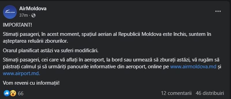Republica Moldova și-a închis granițele până la ora locală 16:00 din motive de securite, conform presei de peste Prut