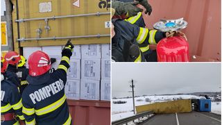 Un TIR încărcat cu butelii de voiaj s-a răsturnat pe partea carosabilă, pe raza localității Vadu Moldovei