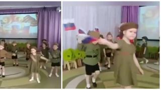 Copii de grădiniță din Rusia defilează și aruncă grenade de h&acirc;rtie &icirc;n poze cu tancuri cu ocazia Zilei Apărătorului Patriei