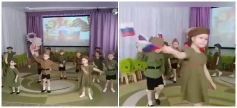 Copii de grădiniță din Rusia defilează și aruncă grenade de hârtie în poze cu tancuri cu ocazia Zilei Apărătorului Patriei