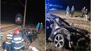 FOTO - Un șofer a scăpat ca prin minune, după ce a încercat să traverseze calea ferată, iar mașina în care se afla a fost lovită de tren. Totul s-a petrecut în apropiere de Craiova