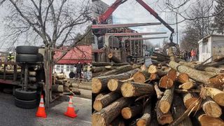 Trei oameni răniți după ce remorca unui camion s-a răsturnat, iar buştenii transportaţi au căzut peste pietoni