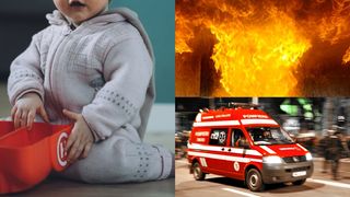 Un copil de un an s-a ales cu arsuri pe faţă şi pe mâini după ce un tub de spray a explodat în foc. Micuțul a fost transportat de urgenţă la spital