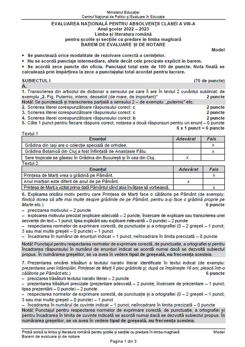 Barem Română simulare Evaluare Națională 2023.