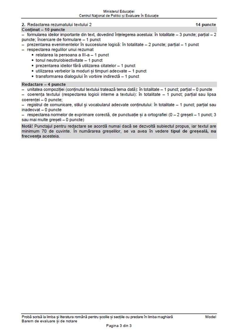 Barem Română simulare Evaluare Națională 2023.