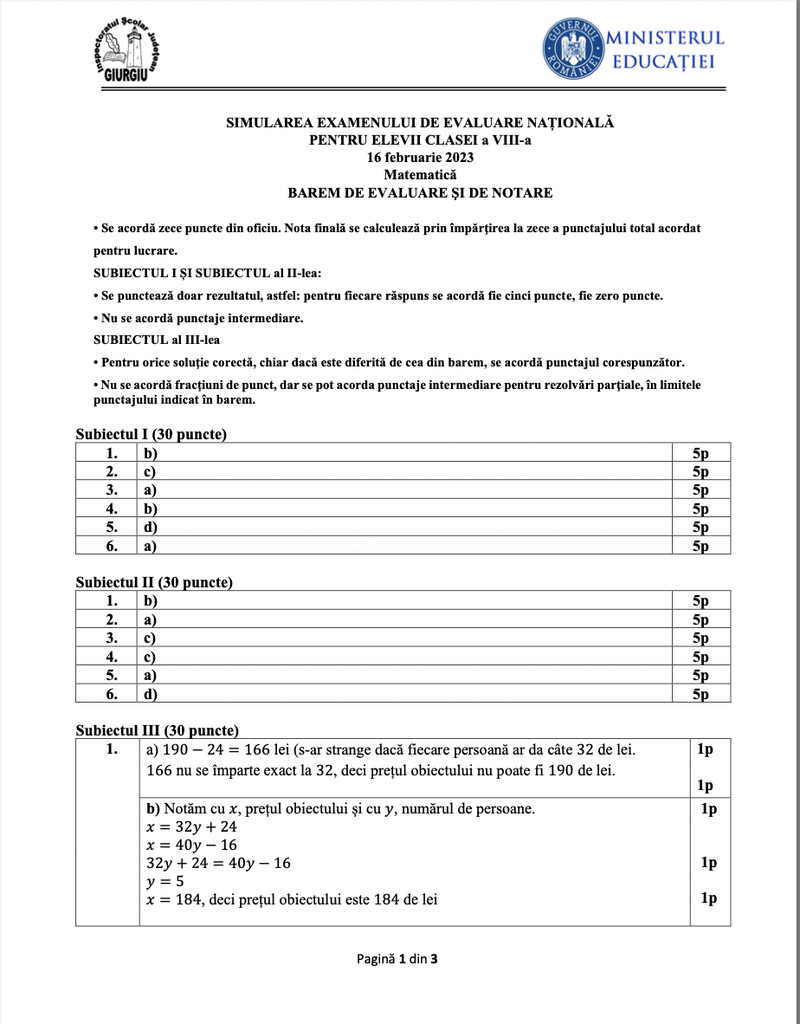 Barem Matematică simulare Evaluare Națională 2023. Cum se rezolvă corect exercițiile și problemele la Matematică?