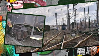 VIDEO | Vagonul unui tren care transporta vehicule militare a deraiat, în Brașov. Momentul a fost surprins de camera de bord a unei mașini