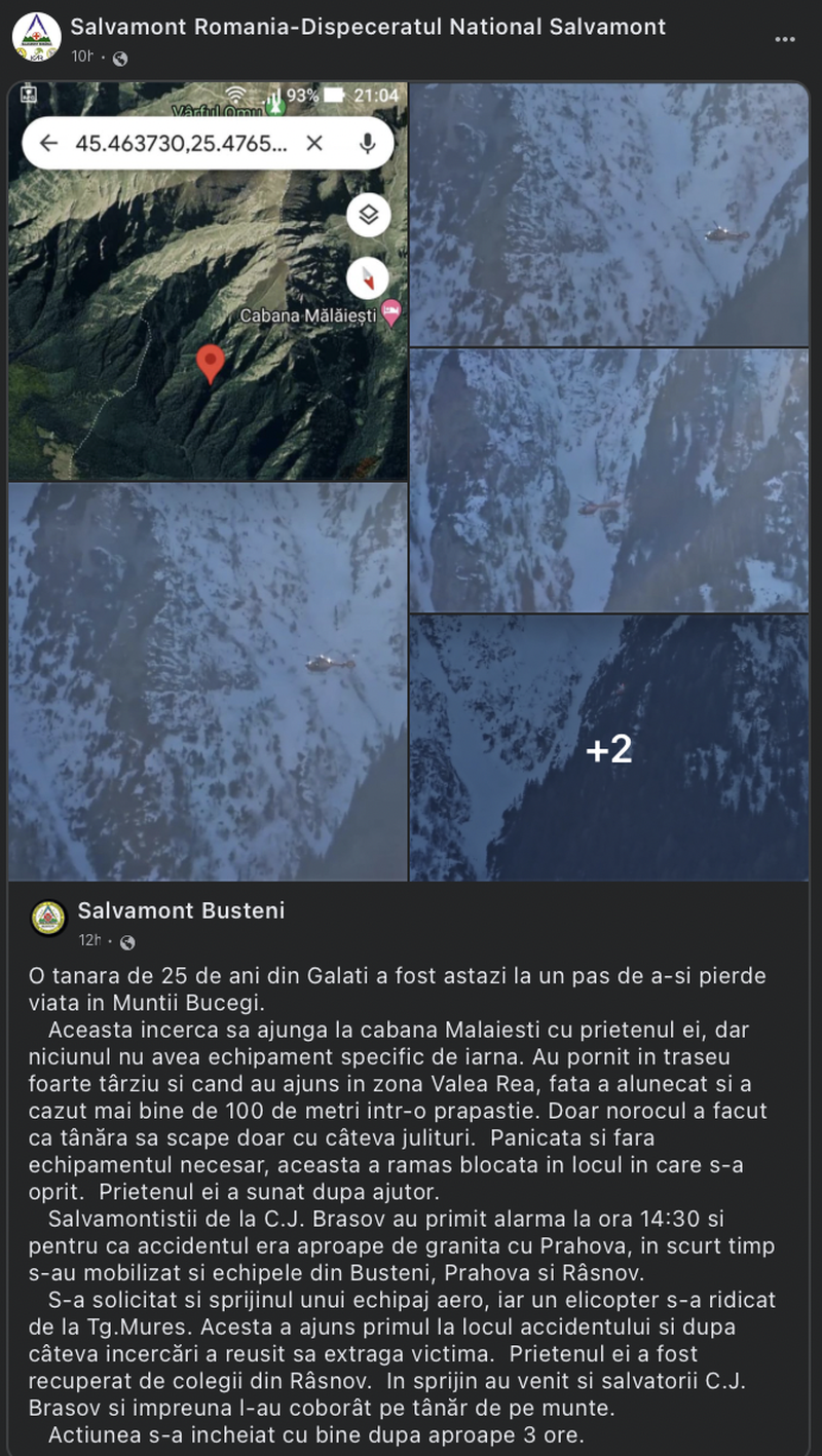 Tânără în vârstă de 25 de ani, la un pas să își piardă viața. A căzut 100 de metri, într-o prăpastie din Munţii Bucegi