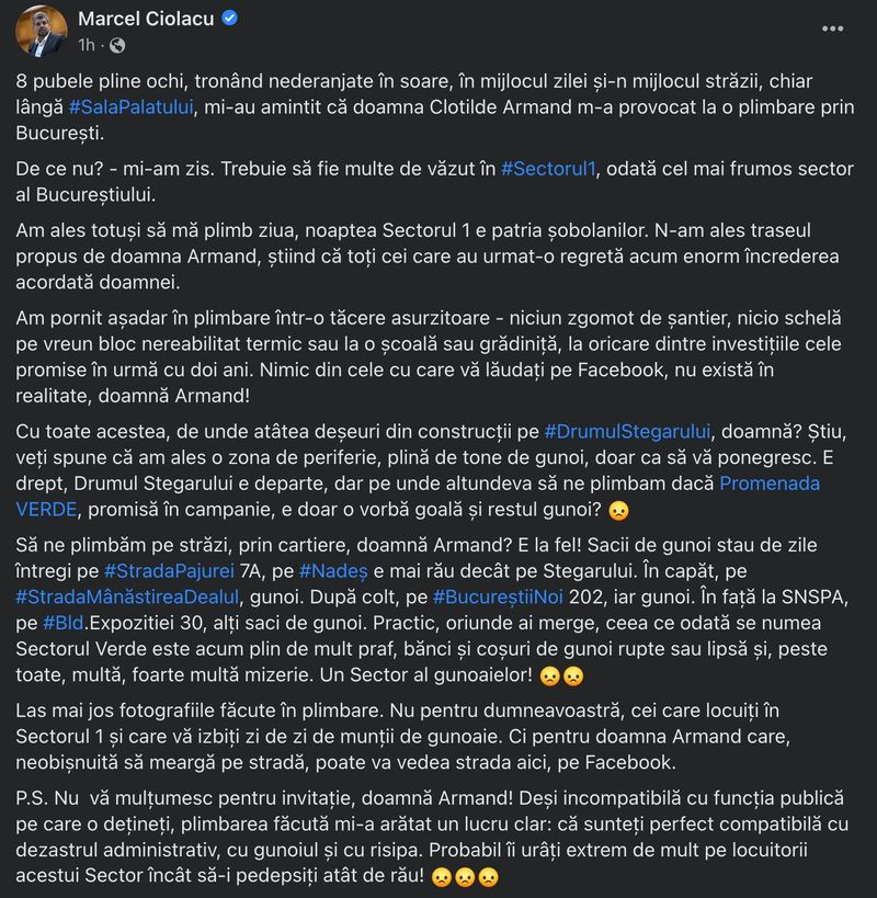 Reacția lui Marcel Ciolacu, după invitația lui Clotilde Armand în Sectorul 1: ,,Noaptea e patria şobolanilor"