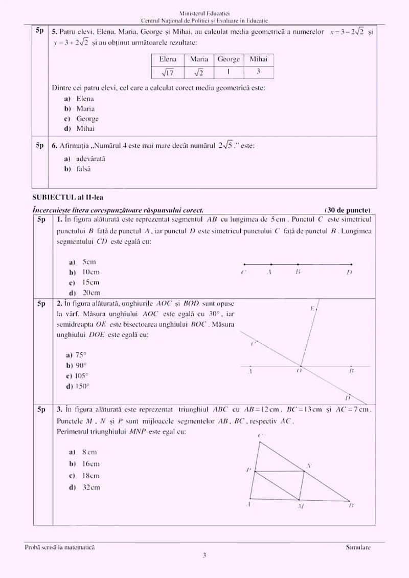 Subiecte simulare Matematică Evaluării Naționale 2023.