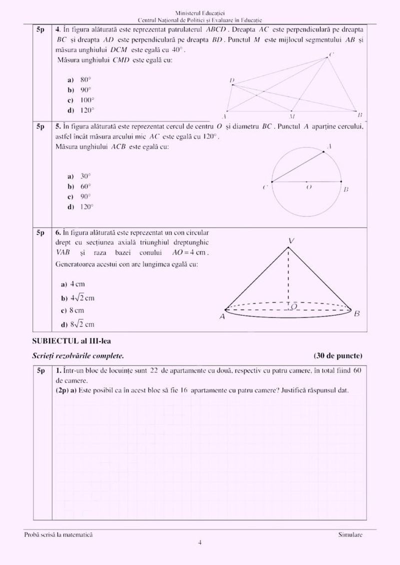 Subiecte simulare Matematică Evaluării Naționale 2023.