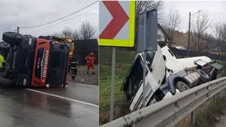 O autospecială ISU s-a răsturnat lângă o cisternă cu motorină căzută în șanț