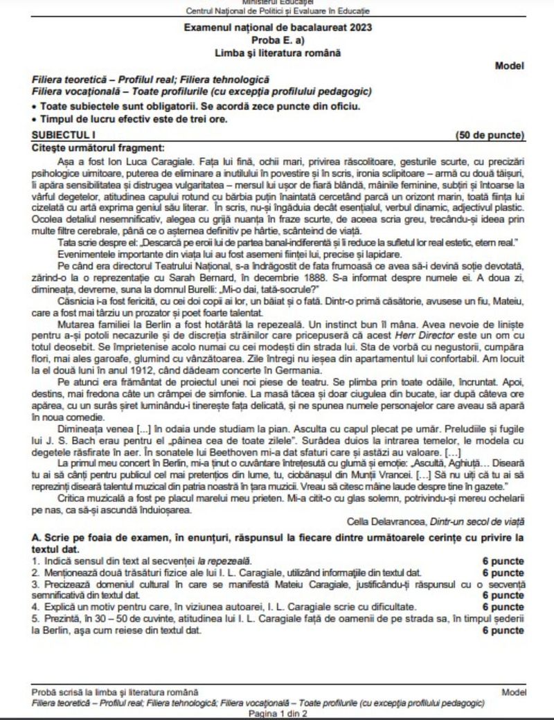 Simulare Bacalaureat 2023 Edu.ro. Proba scrisă la Limba și literatura română se desfășoară luni, 27 martie 2023. Posibile subiecte