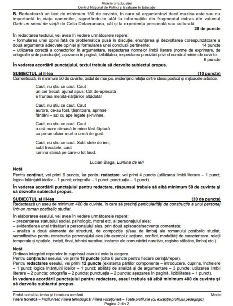 Simulare Bacalaureat 2023 Edu.ro. Proba scrisă la Limba și literatura română se desfășoară luni, 27 martie 2023. Posibile subiecte