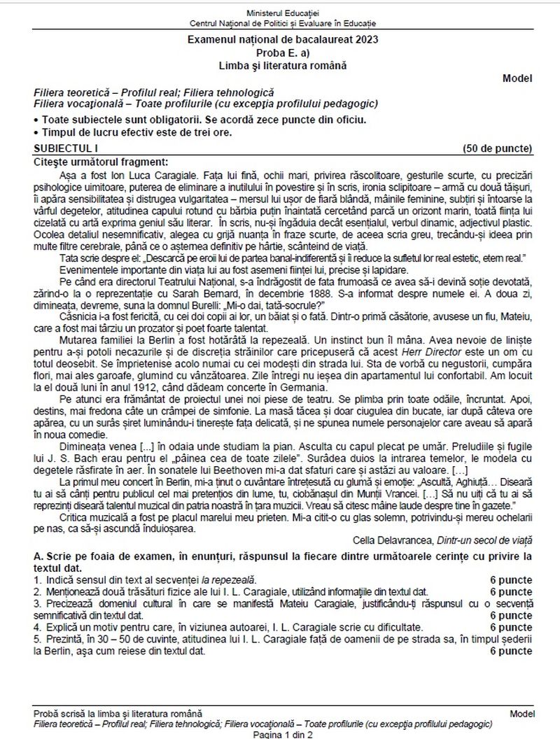 Subiecte Română simulare BAC 2023.