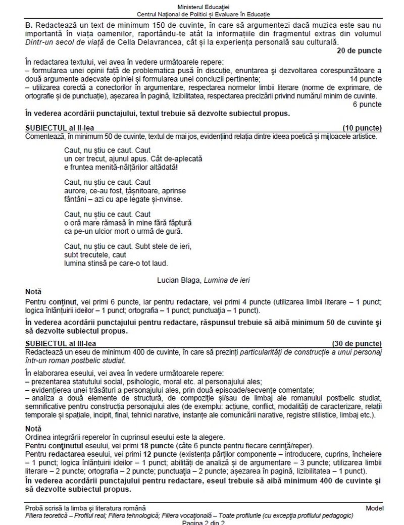 Subiecte Română simulare BAC 2023.