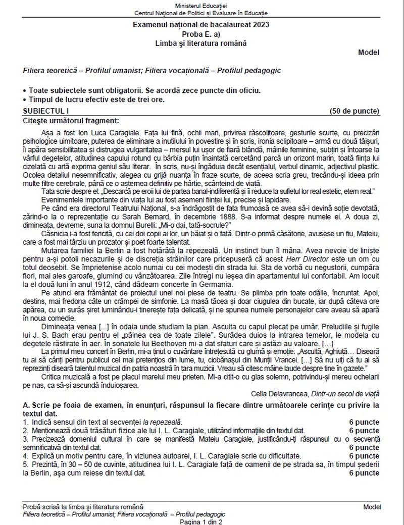 Subiecte Română simulare BAC 2023.