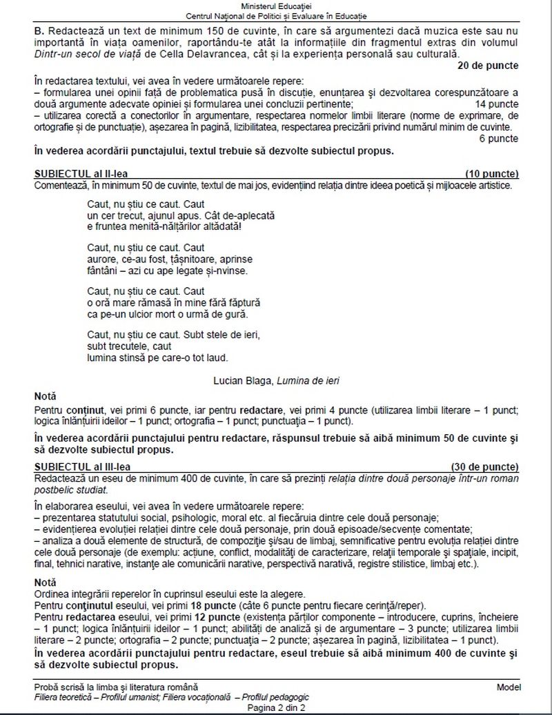 Subiecte Română simulare BAC 2023.